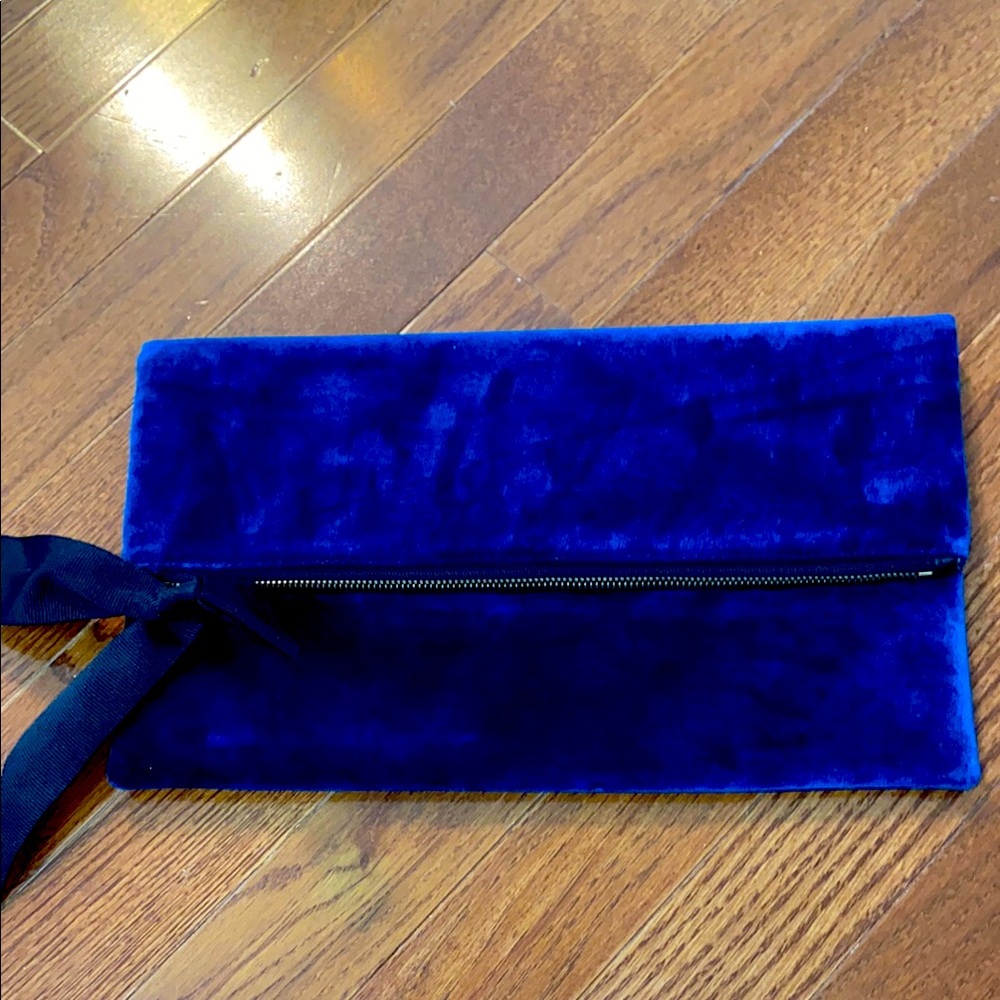 J. Crew Blue Velvet Clutch with Black Ribbon